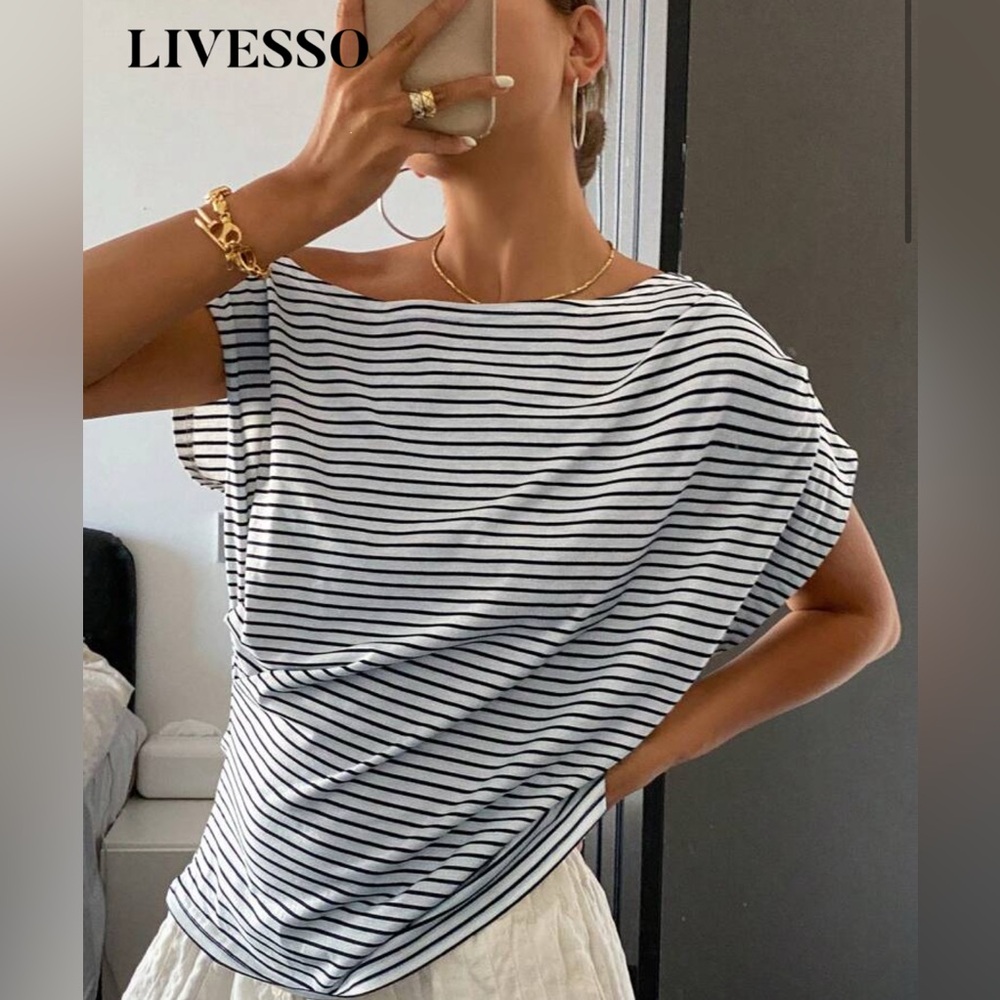 SHEIN - Livesso Striped Open Shoulder Ruched Body Short Sleeve T-shirt for Women